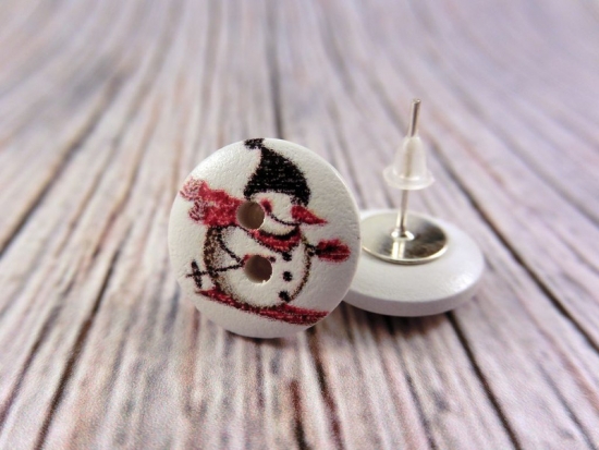 Schneemann Holz Knopf Ohrstecker Winter Schnee